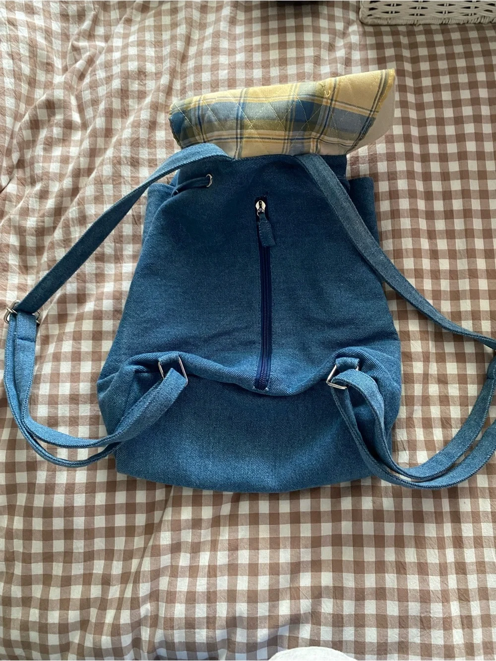 Longaberger Blue Canvas Plaid Flap Backpack with Basket Embroidery